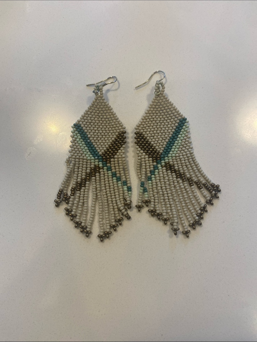 Handcrafted Beaded Fringe Earrings - Cream & Teal Accent